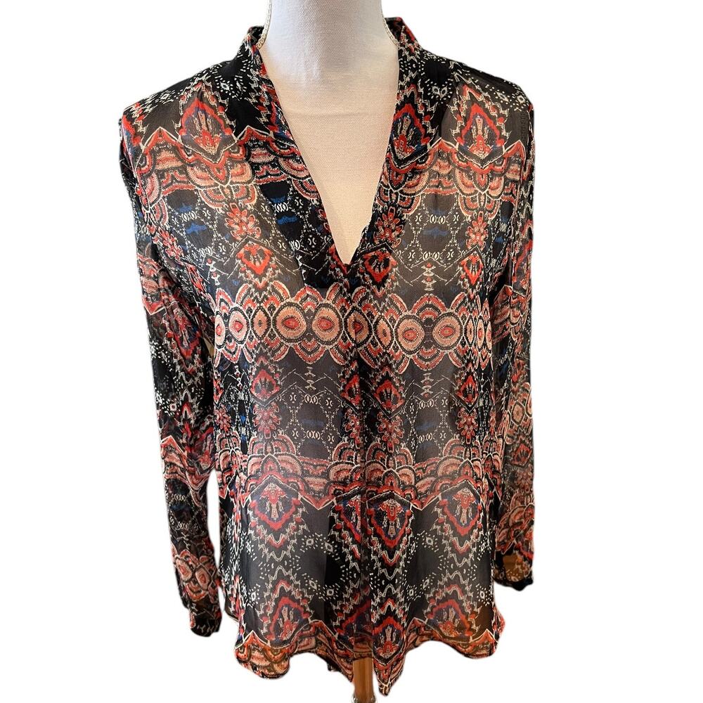 Lavender Brown Sheer Silk Chiffon Long Sleeve Top Boho Print XS